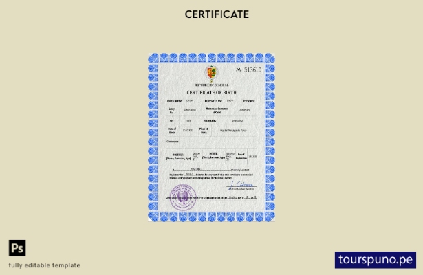 Plantilla PSD de certificado de nacimiento de Senegal listo para imprimir